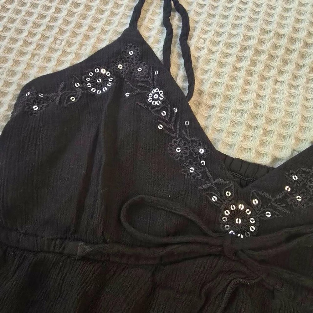 Hollister Y2K Black Sequin Embroidered Camisole Top Open Front Tie - Picture 4 of 8